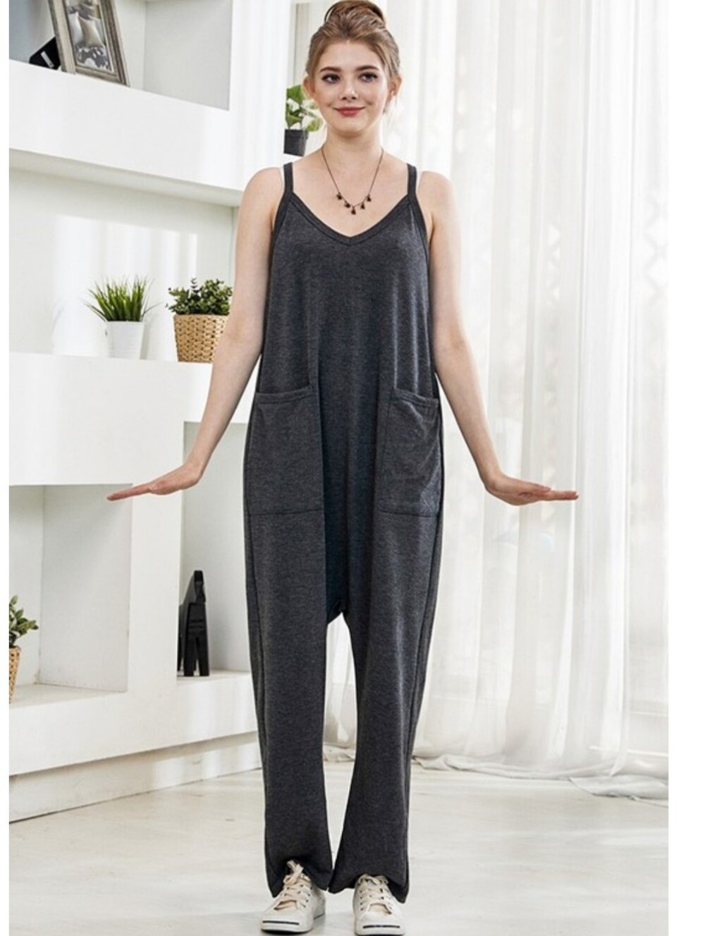 B16 Charcoal Gray Sleeveless Jumpsuit with Pockets